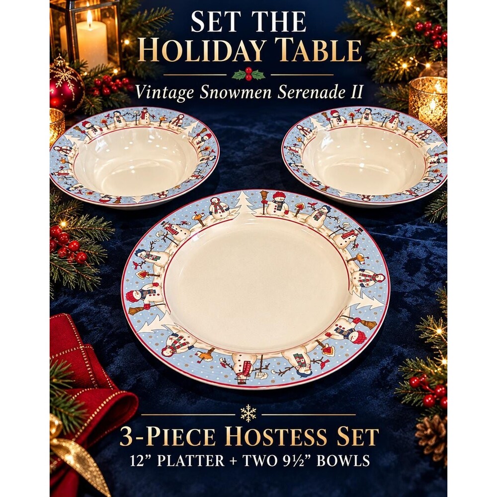 1997 Snowmen Serenade II Hostess Set, Meiwa Table Art -Platter 2 Serving Bowls